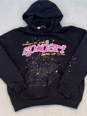 Black Graphic Crewneck Sweater with Pink Script and Star Accents